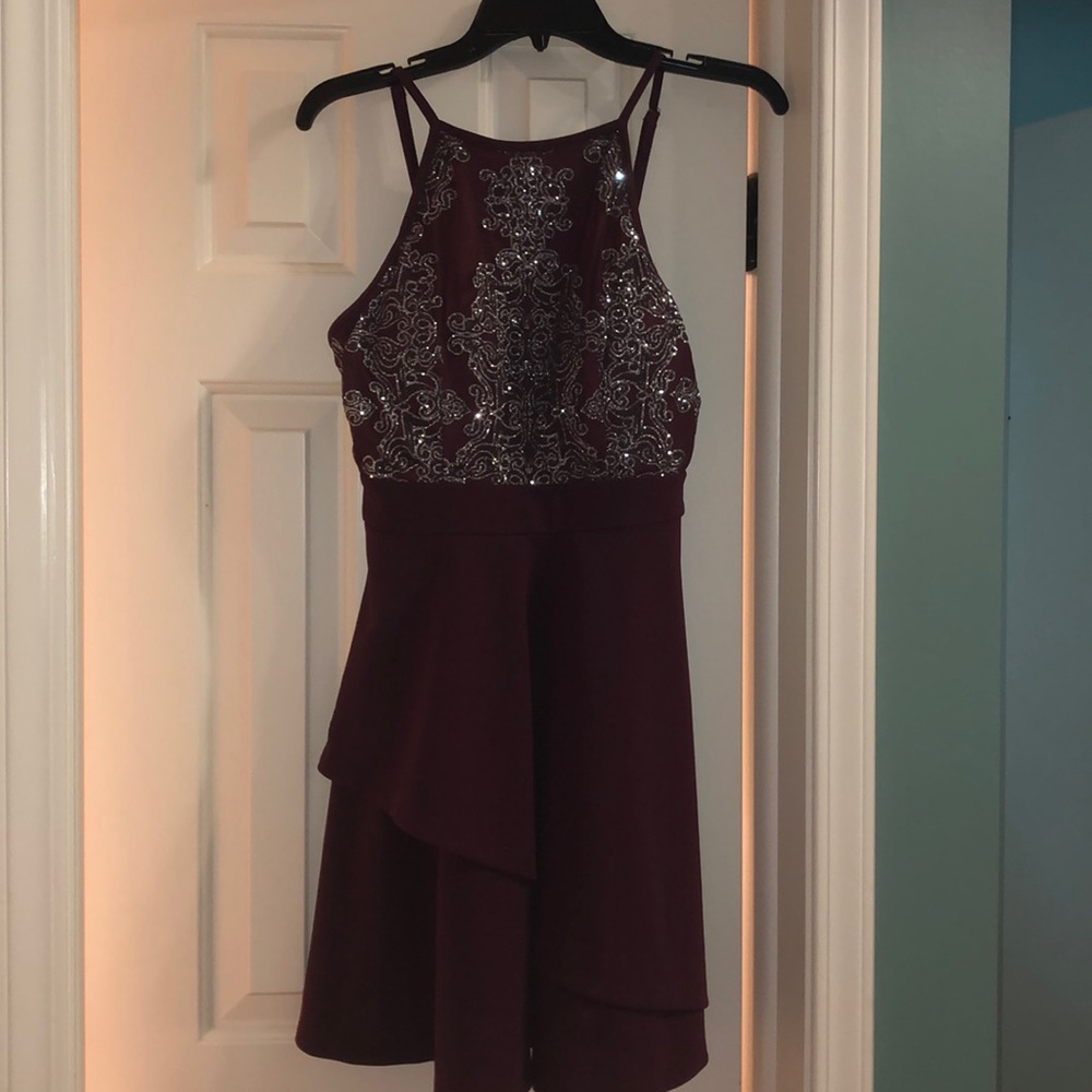 Xtraordinary Dark Red Y-Halter Sequin Bodice Dress